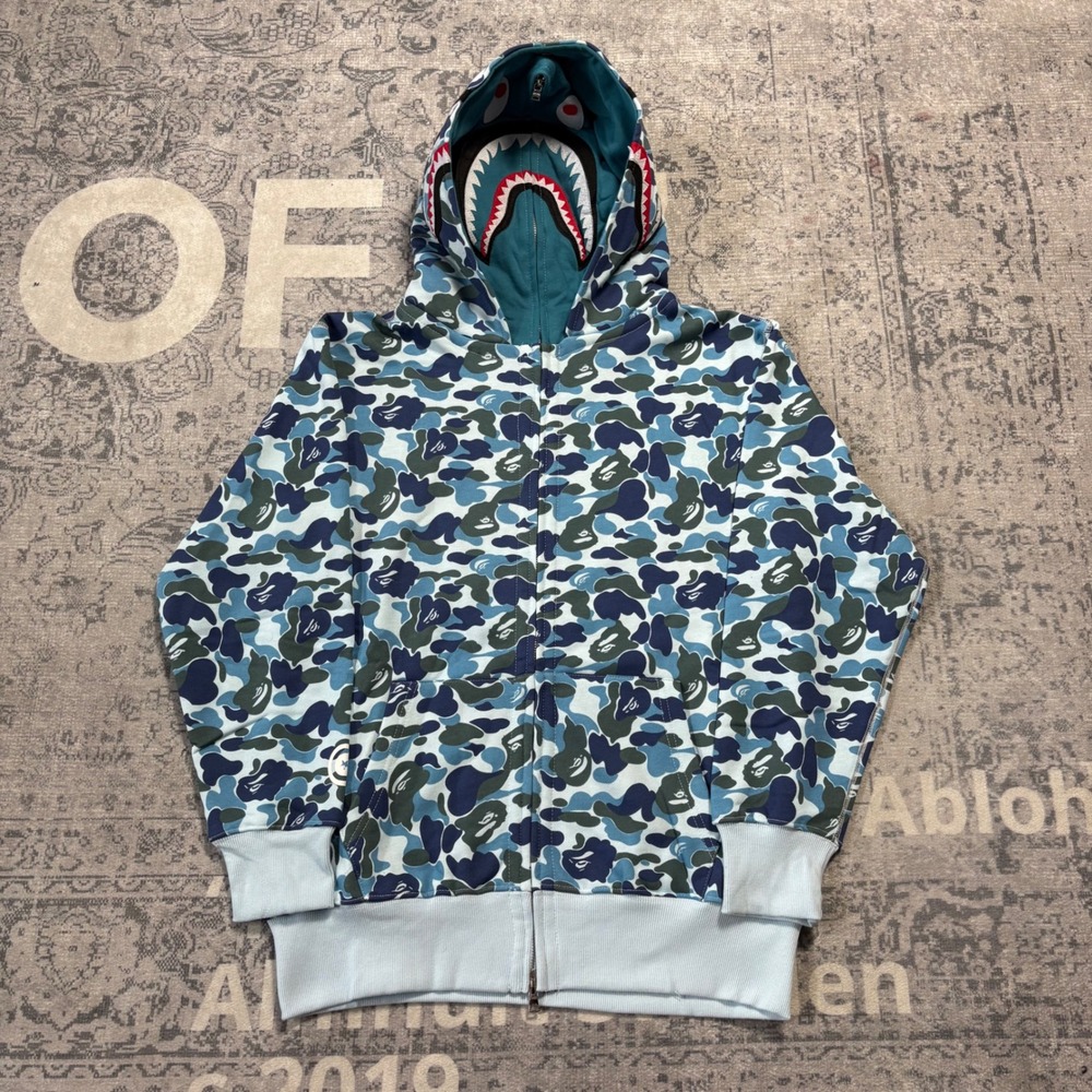 BAPE Shark Full Zip Hoodie ABC Camo Blue Mens Size M Streetwear Excellent